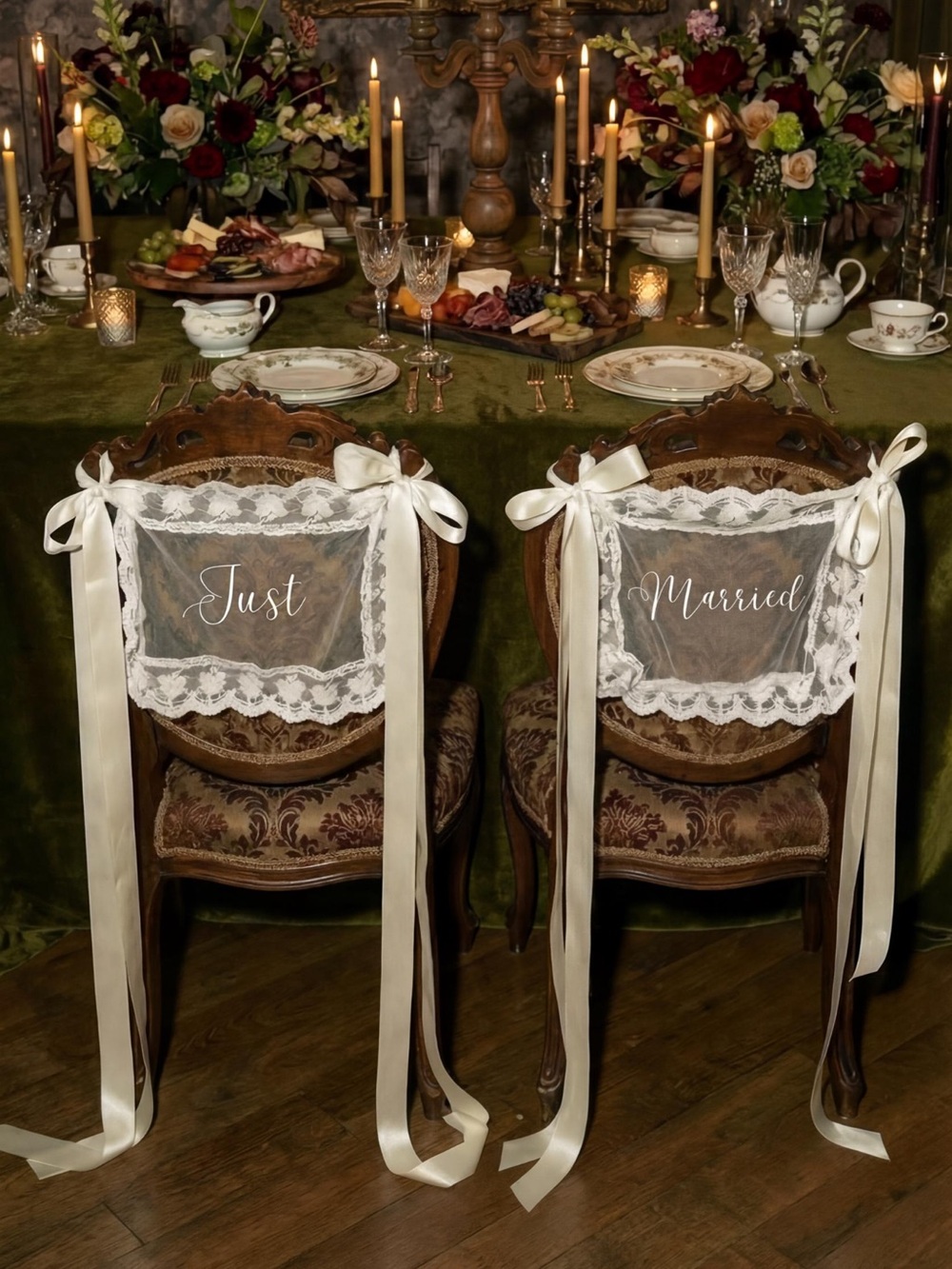 Ivory Lace "Just Married" Chair Banners - Elegant Wedding Decor